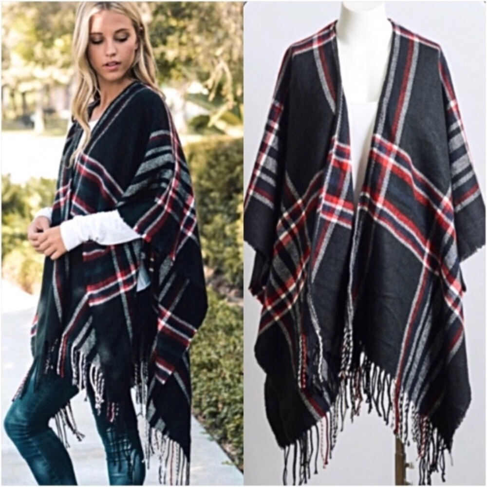Plaid Cozy Chic Sweater Kimono Wrap O/S - Picture 6 of 8